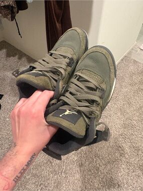 JORDAN 4 army green Men's Olive Green Suede Lace-Up Sneakers